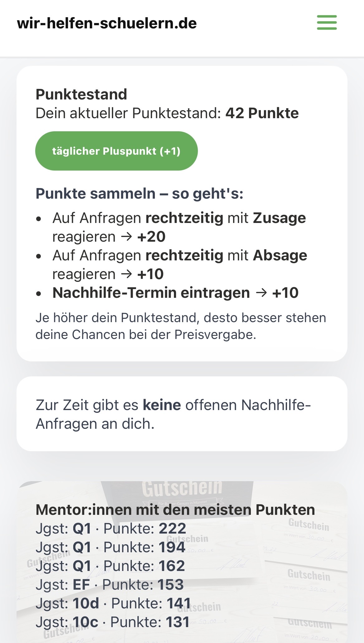 Punkte und Rangliste für Mentor:innen